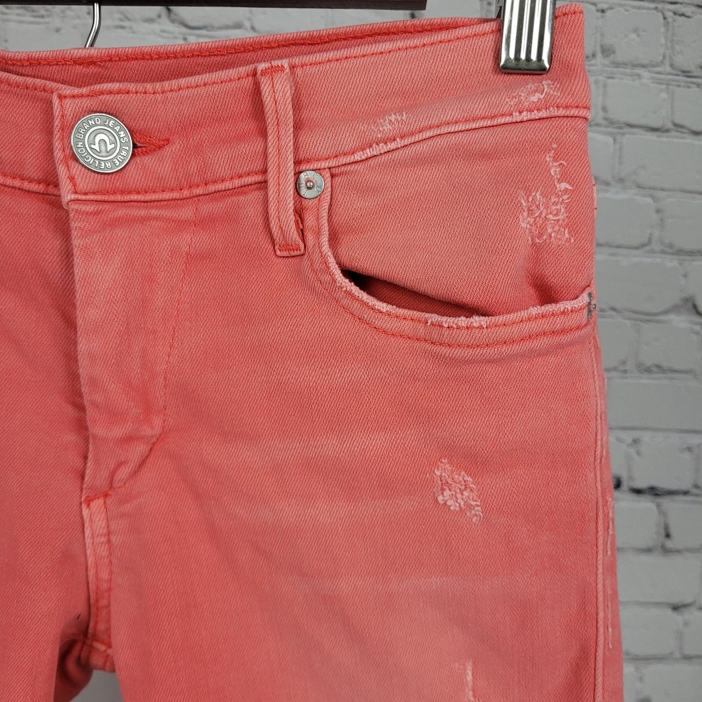 True Religion Halle Pink Orange Mid Rise Super Skinny Jeans USA Made 25 (25x28)