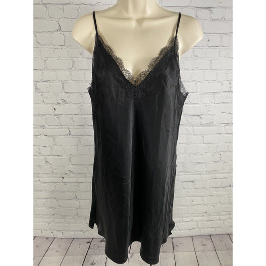 Victorias Secret Black Satin Adjustable Strap V Neck Lace Accent Nightie M