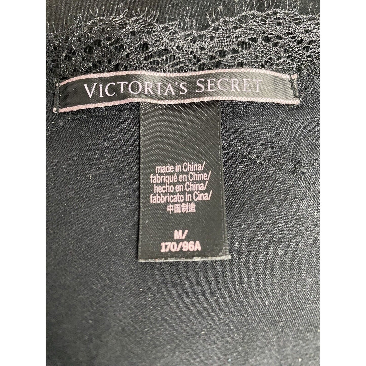 Victorias Secret Black Satin Adjustable Strap V Neck Lace Accent Nightie M