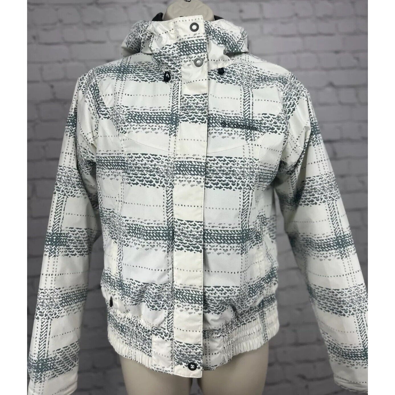 Columbia White Blue Plaid Elastic Waist Zip Up Snow Ski Winter Jacket Size XS