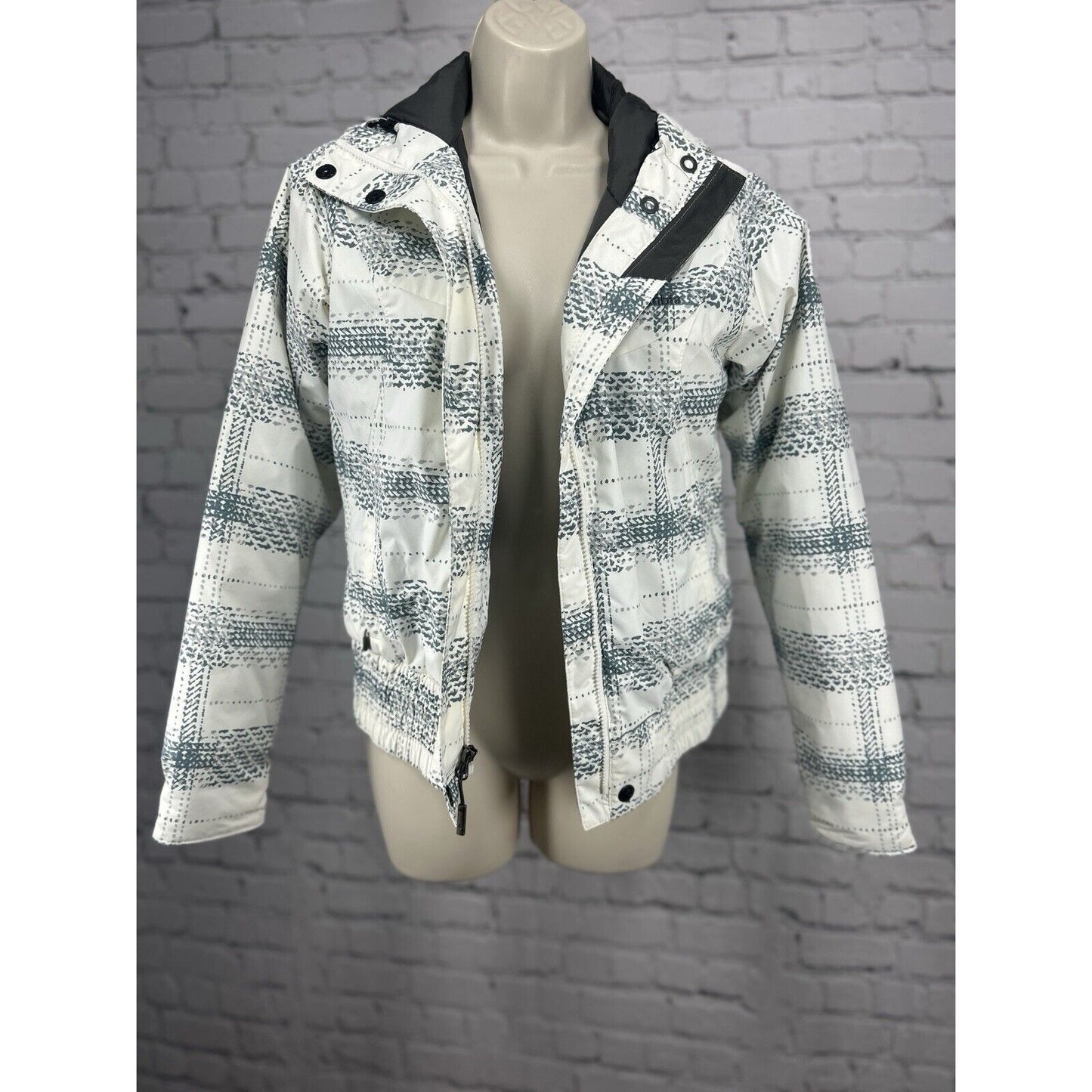 Columbia White Blue Plaid Elastic Waist Zip Up Snow Ski Winter Jacket Size XS