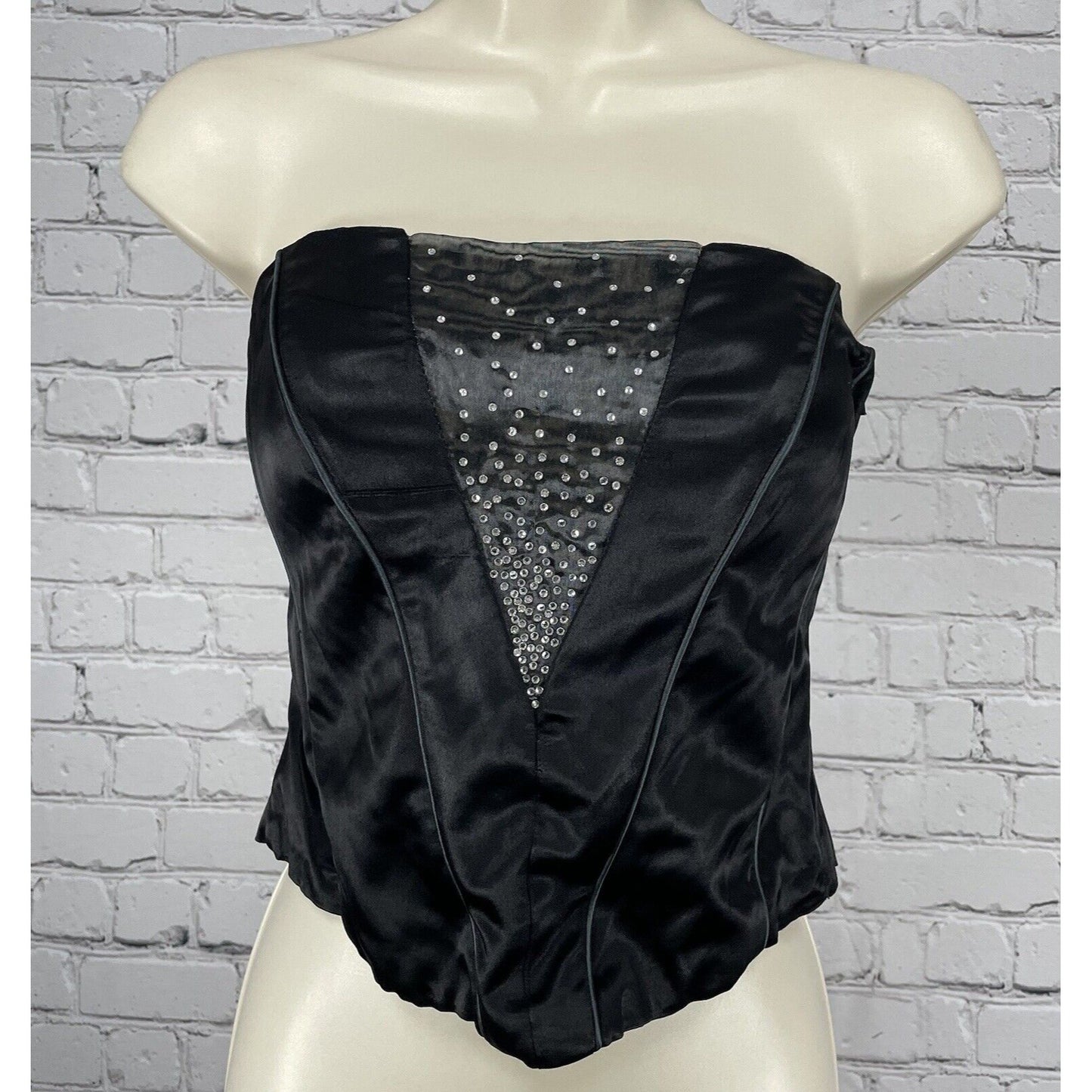 VTG Bain De Nuit Black Satin Cut Out Sparkle Zip Boned Corset Top Size Small S