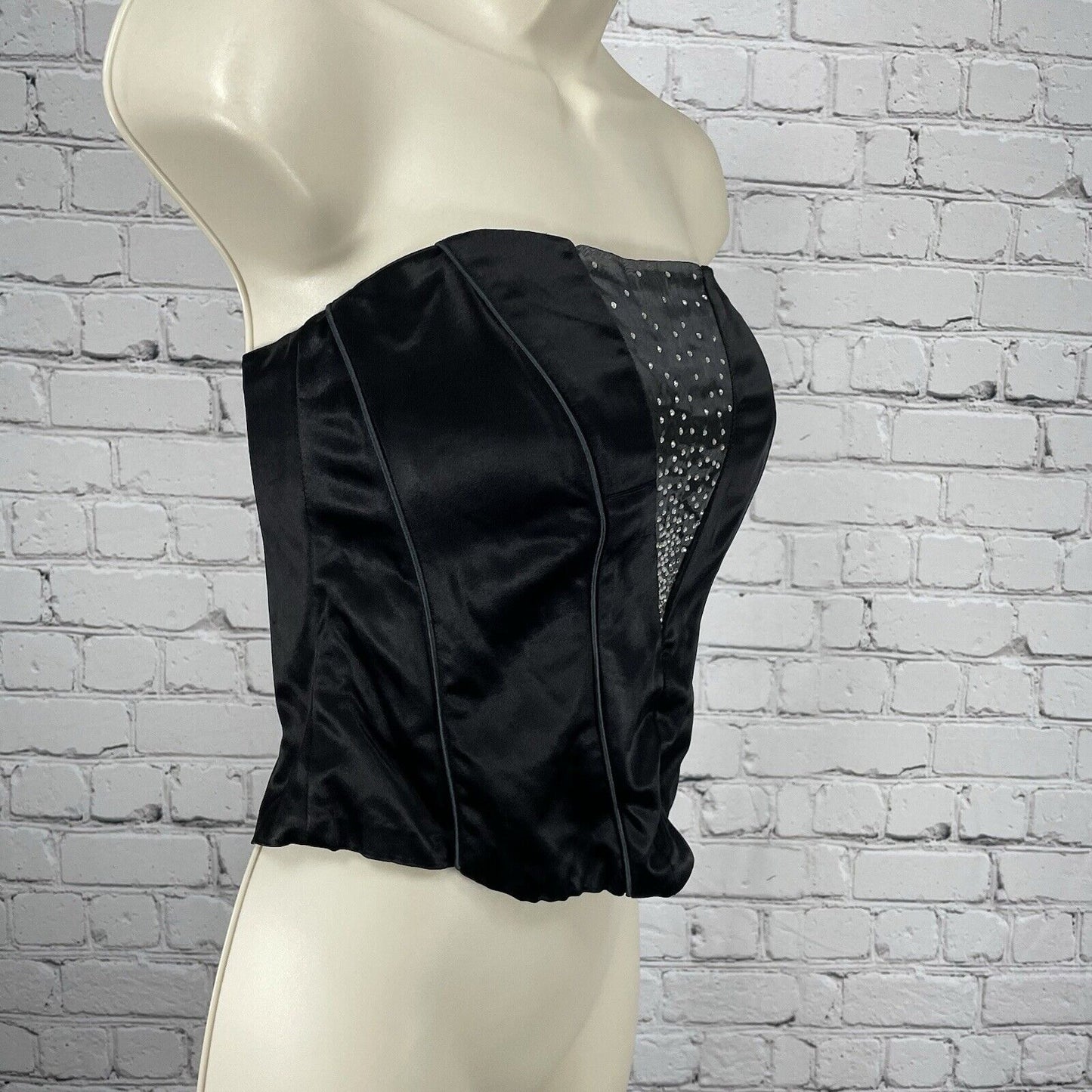 VTG Bain De Nuit Black Satin Cut Out Sparkle Zip Boned Corset Top Size Small S