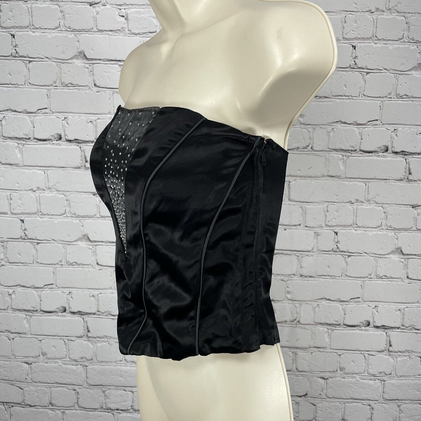 VTG Bain De Nuit Black Satin Cut Out Sparkle Zip Boned Corset Top Size Small S