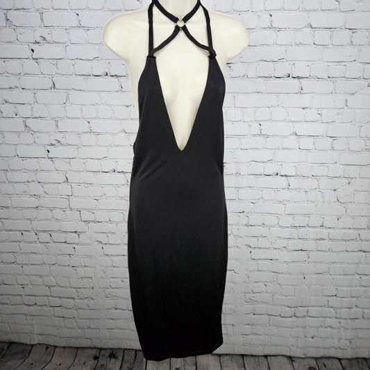 Forplay Black Strappy Tie Back Halter Backless Bodycon Stretch Midi Dress Large