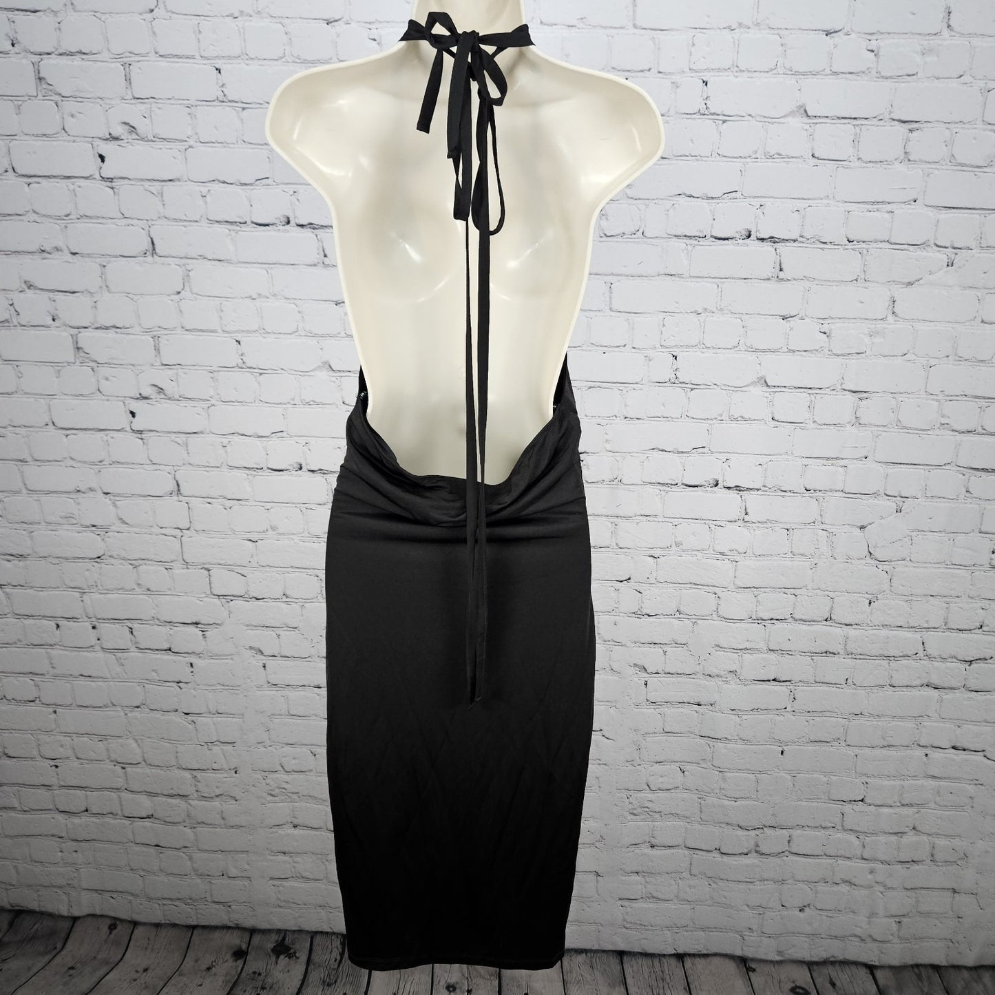 Forplay Black Strappy Tie Back Halter Backless Bodycon Stretch Midi Dress Large