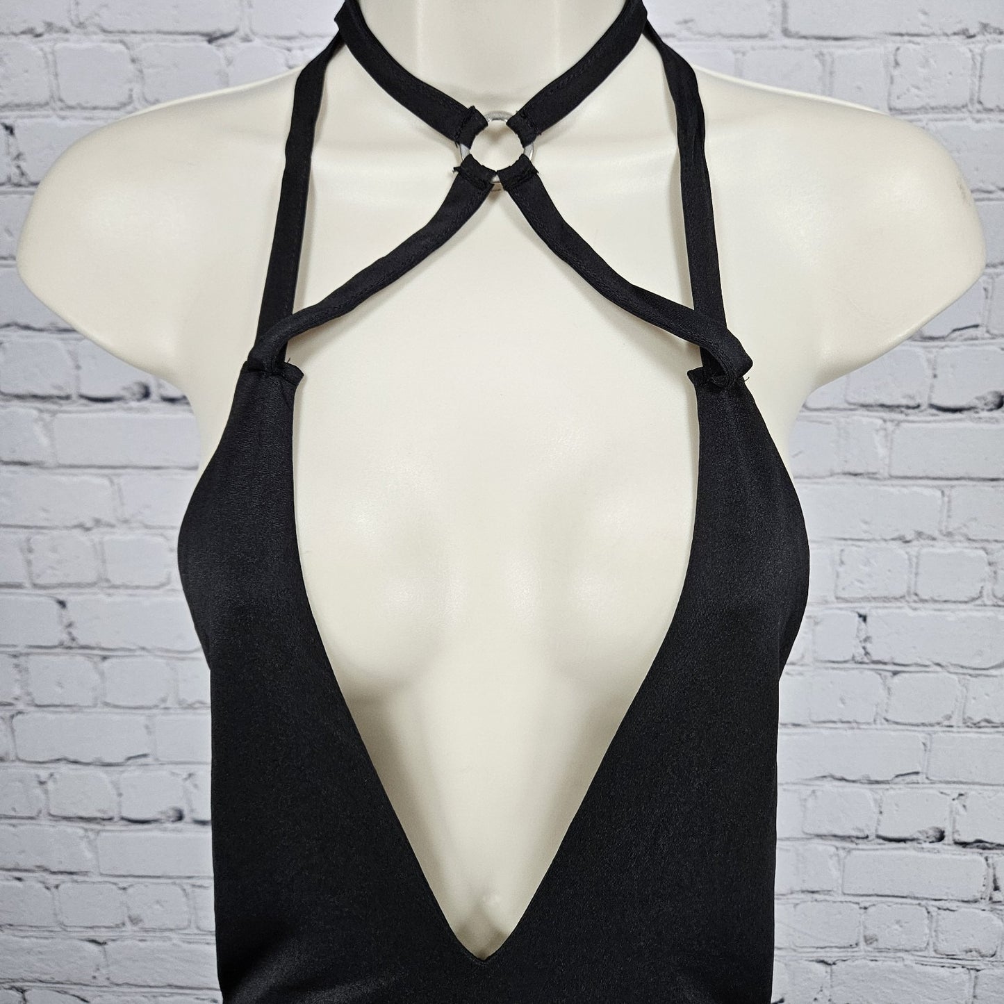 Forplay Black Strappy Tie Back Halter Backless Bodycon Stretch Midi Dress Large