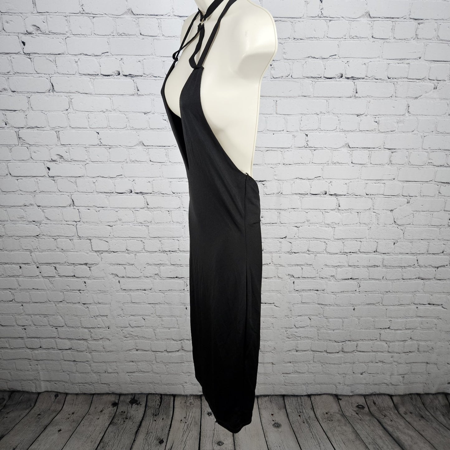 Forplay Black Strappy Tie Back Halter Backless Bodycon Stretch Midi Dress Large