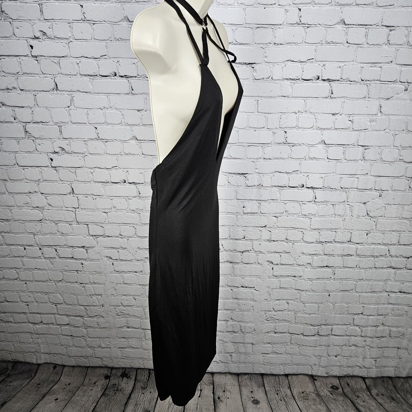 Forplay Black Strappy Tie Back Halter Backless Bodycon Stretch Midi Dress Large
