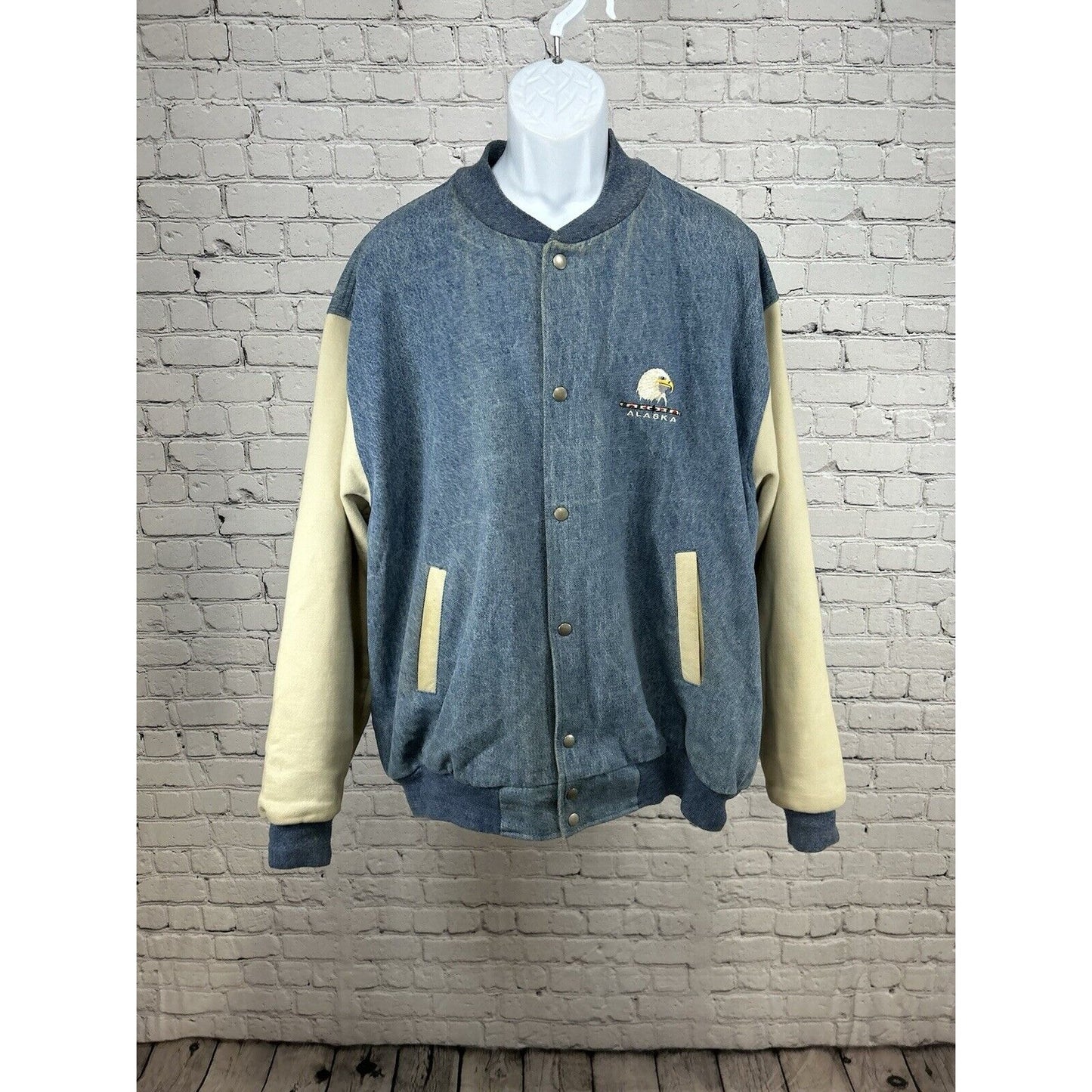 Fruit Of The Loom Super Cotton Light Wash Denim Varsity Jacket Alaska Eagle XL