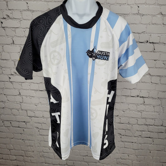Austin Huns White & Blue ATX Austin TX Rugby Sports Short Sleeve Shirt Jersey XL