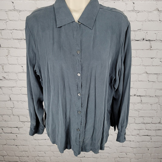 Eddie Bauer Blue Grey 100% Silk Button Up Long Sleeve Collar Shirt Size Large L