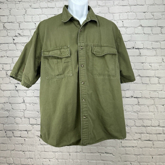 Cabelas Green Roughneck Button Up Pocket Outdoor Short Sleeve Shirt Mens Size XL