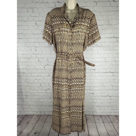 Leslie Fay Long Belted Short Sleeve Button Up Shoulder Pad Shirt Dress Womens 18