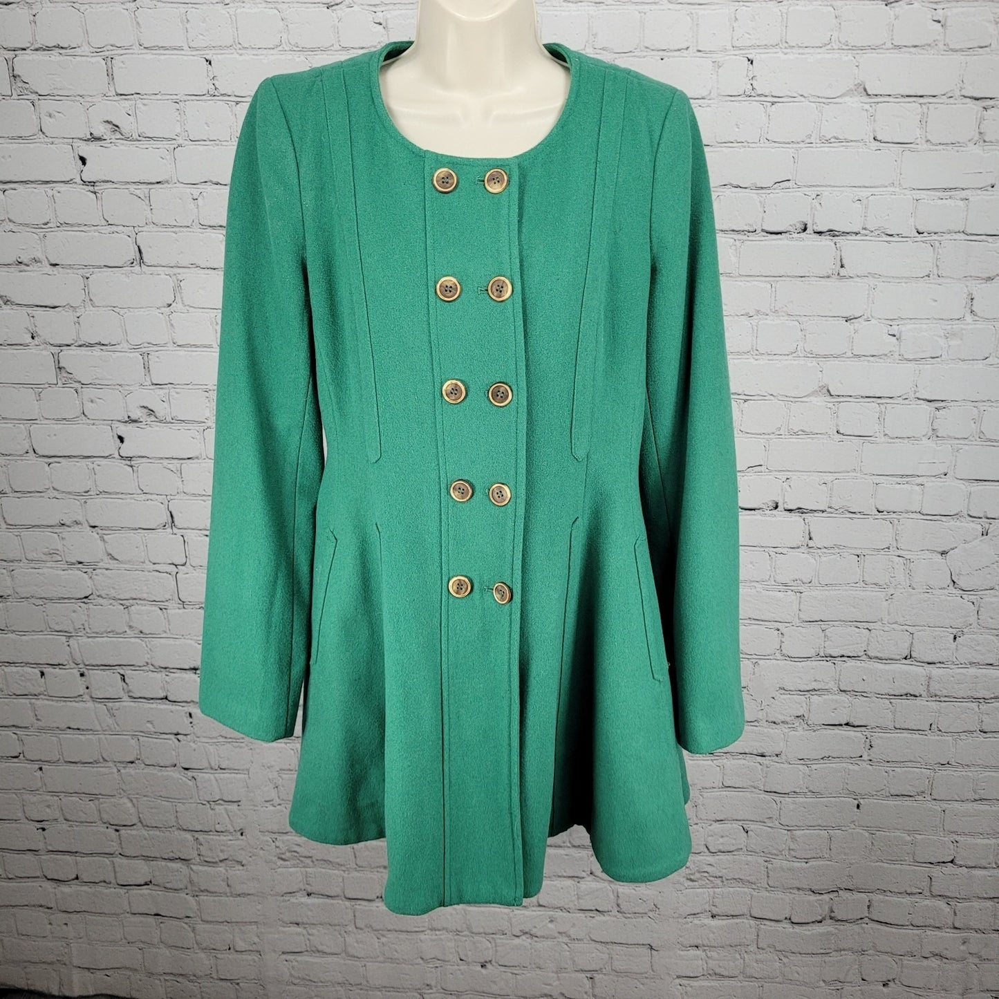Elevenses Anthropologie Green Wool Blend Double Breasted Buttoned Pea Coat 12