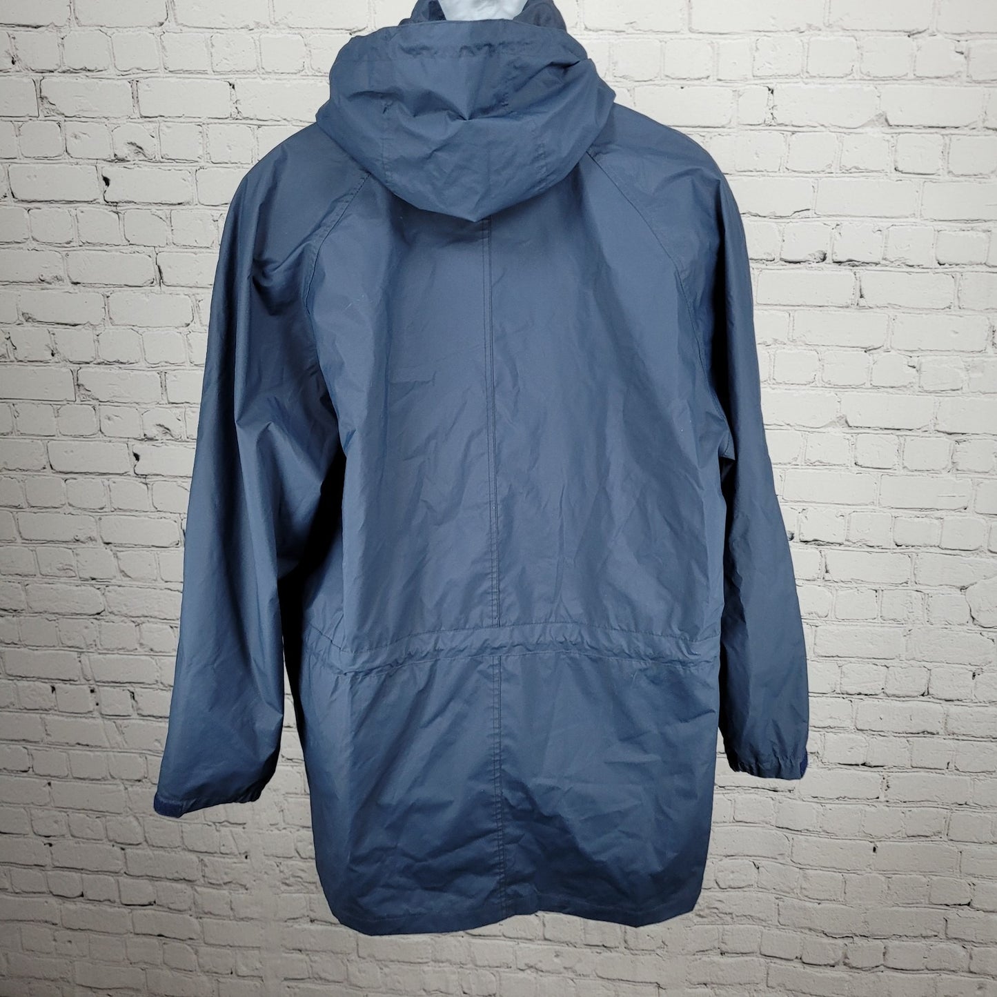 London Fog Blue Hooded Full Zip Snap Pockets Lined Long Rain Coat Jacket Medium