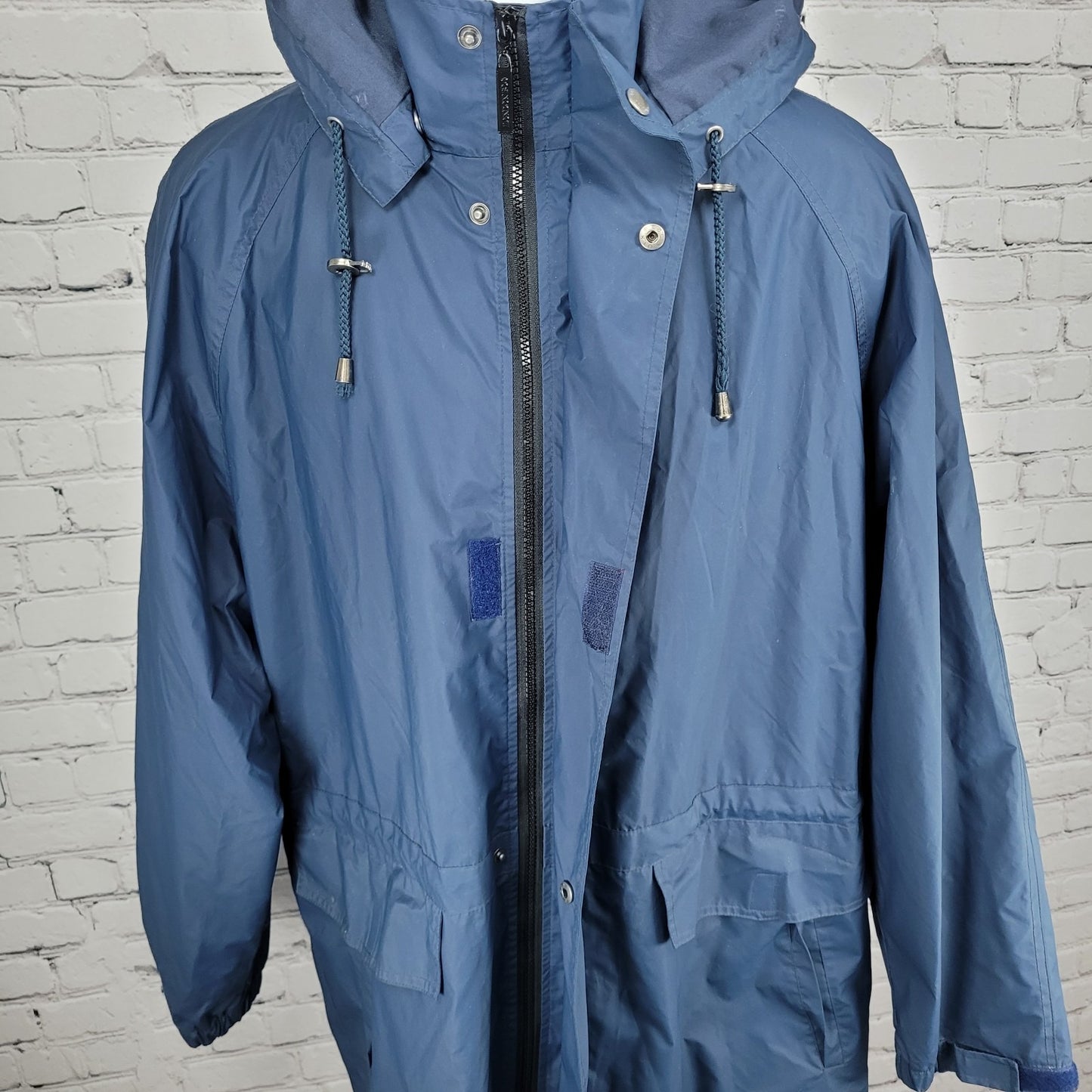 London Fog Blue Hooded Full Zip Snap Pockets Lined Long Rain Coat Jacket Medium