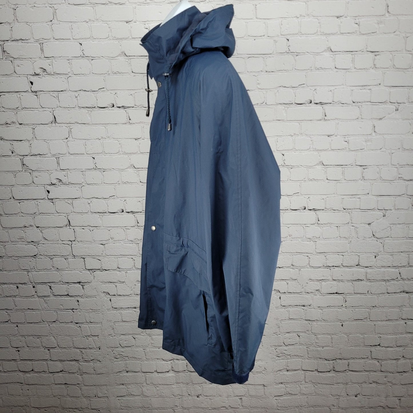 London Fog Blue Hooded Full Zip Snap Pockets Lined Long Rain Coat Jacket Medium