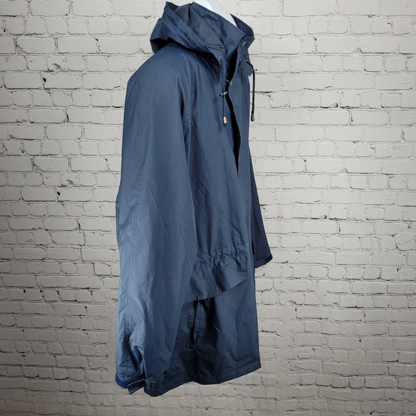 London Fog Blue Hooded Full Zip Snap Pockets Lined Long Rain Coat Jacket Medium
