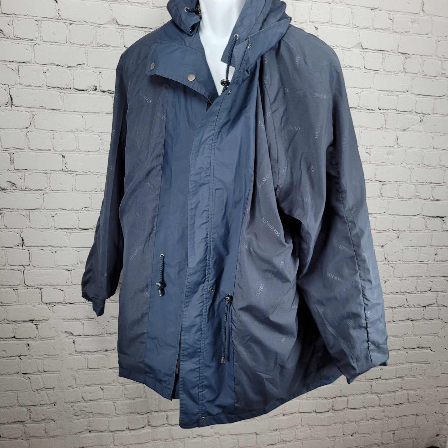 London Fog Blue Hooded Full Zip Snap Pockets Lined Long Rain Coat Jacket Medium