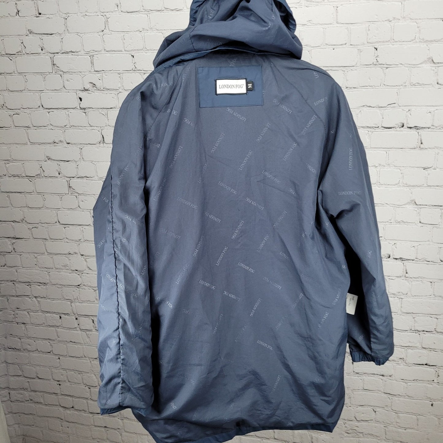 London Fog Blue Hooded Full Zip Snap Pockets Lined Long Rain Coat Jacket Medium