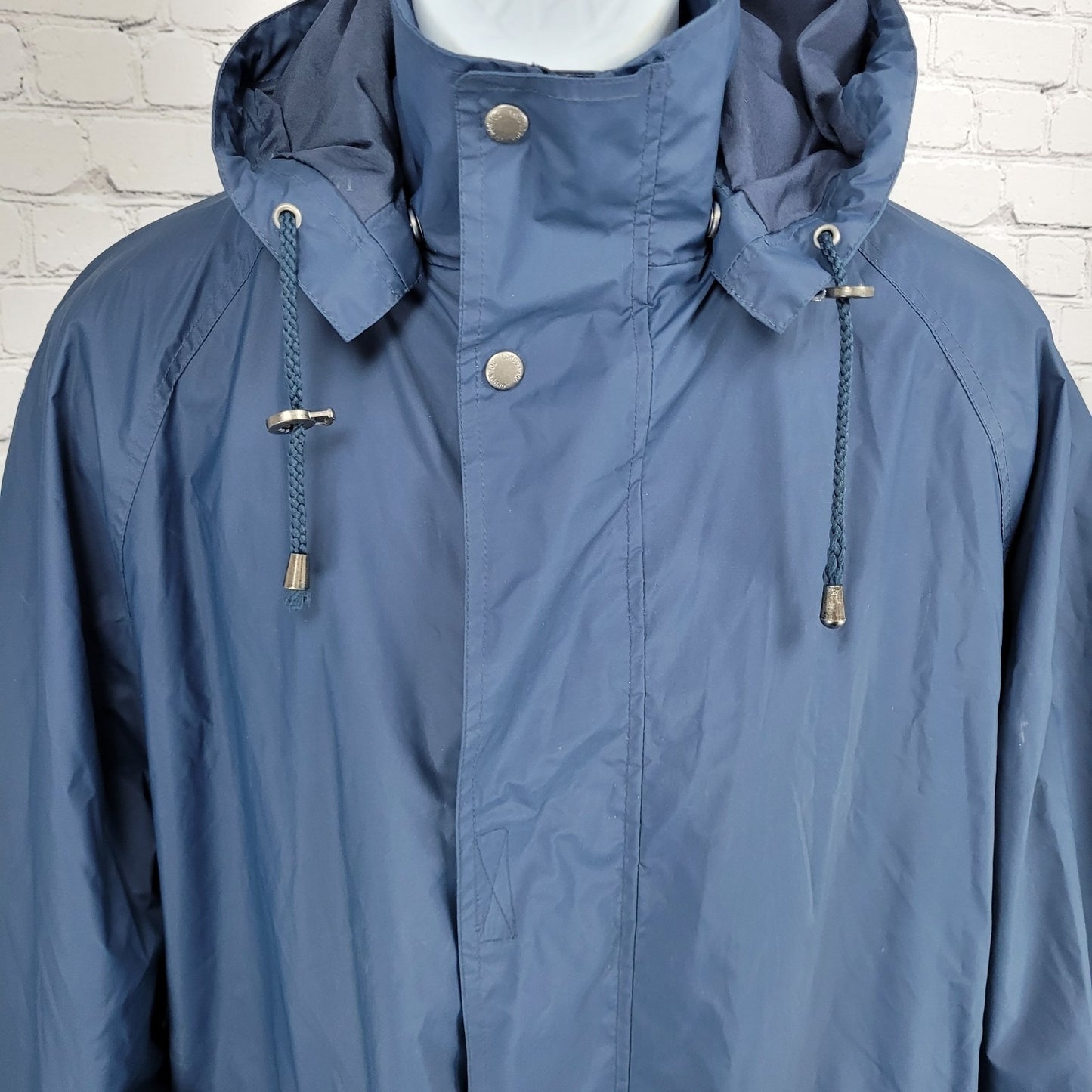 London Fog Blue Hooded Full Zip Snap Pockets Lined Long Rain Coat Jacket Medium
