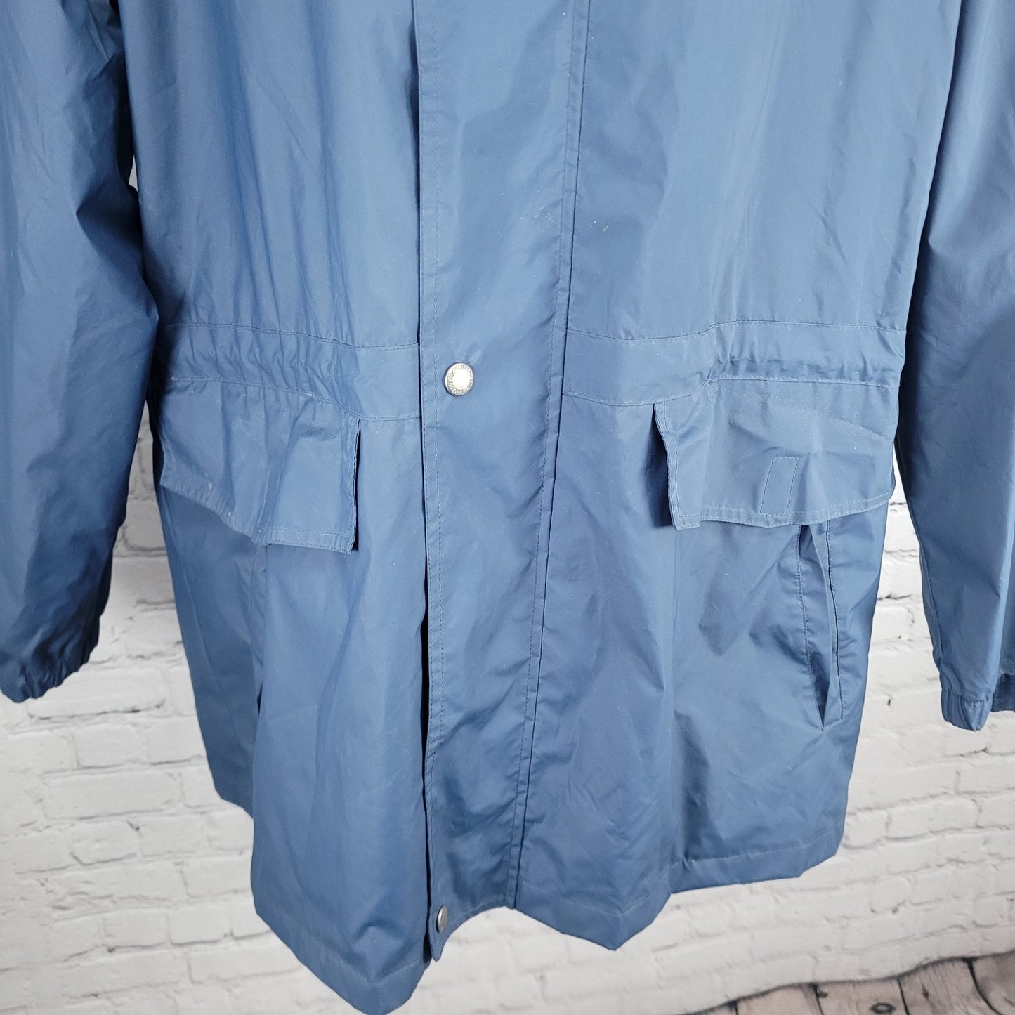 London Fog Blue Hooded Full Zip Snap Pockets Lined Long Rain Coat Jacket Medium
