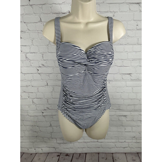Nip Tuck One Piece Swimsuit Bathing Suit Navy White Stripes Multi Fit Cups 12
