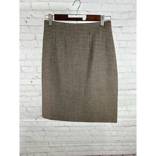 Lands End Brown Black Houndstooth 100% Wool Knee Length Pencil Skirt Women’s 4