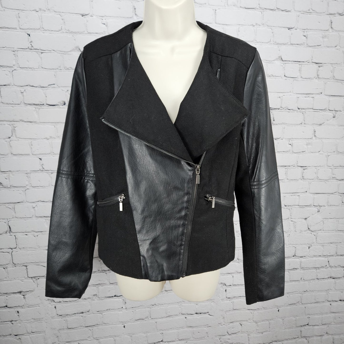 Sh Black Wool Blend Faux Leather Moto Full Zip Lined Zip Pockets Jacket Medium M