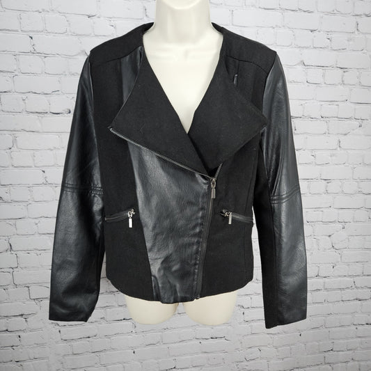 Sh Black Wool Blend Faux Leather Moto Full Zip Lined Zip Pockets Jacket Medium M