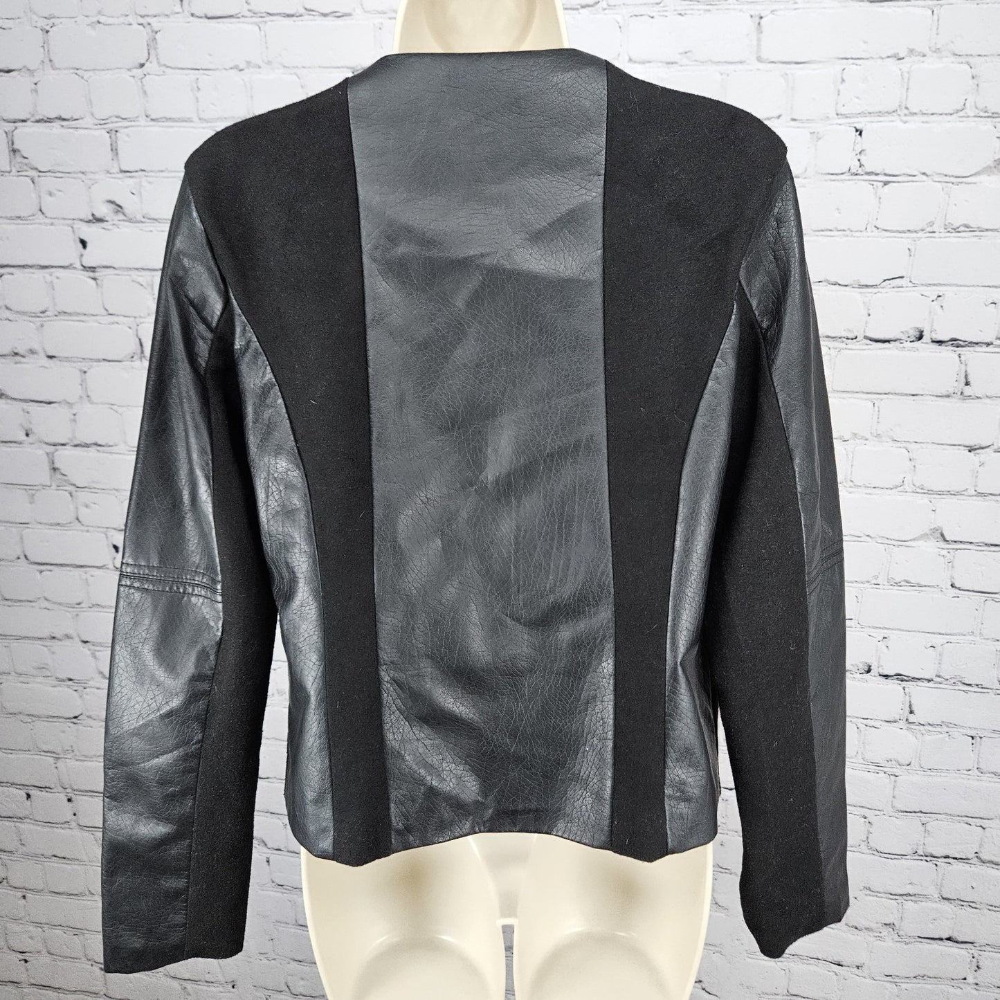 Sh Black Wool Blend Faux Leather Moto Full Zip Lined Zip Pockets Jacket Medium M