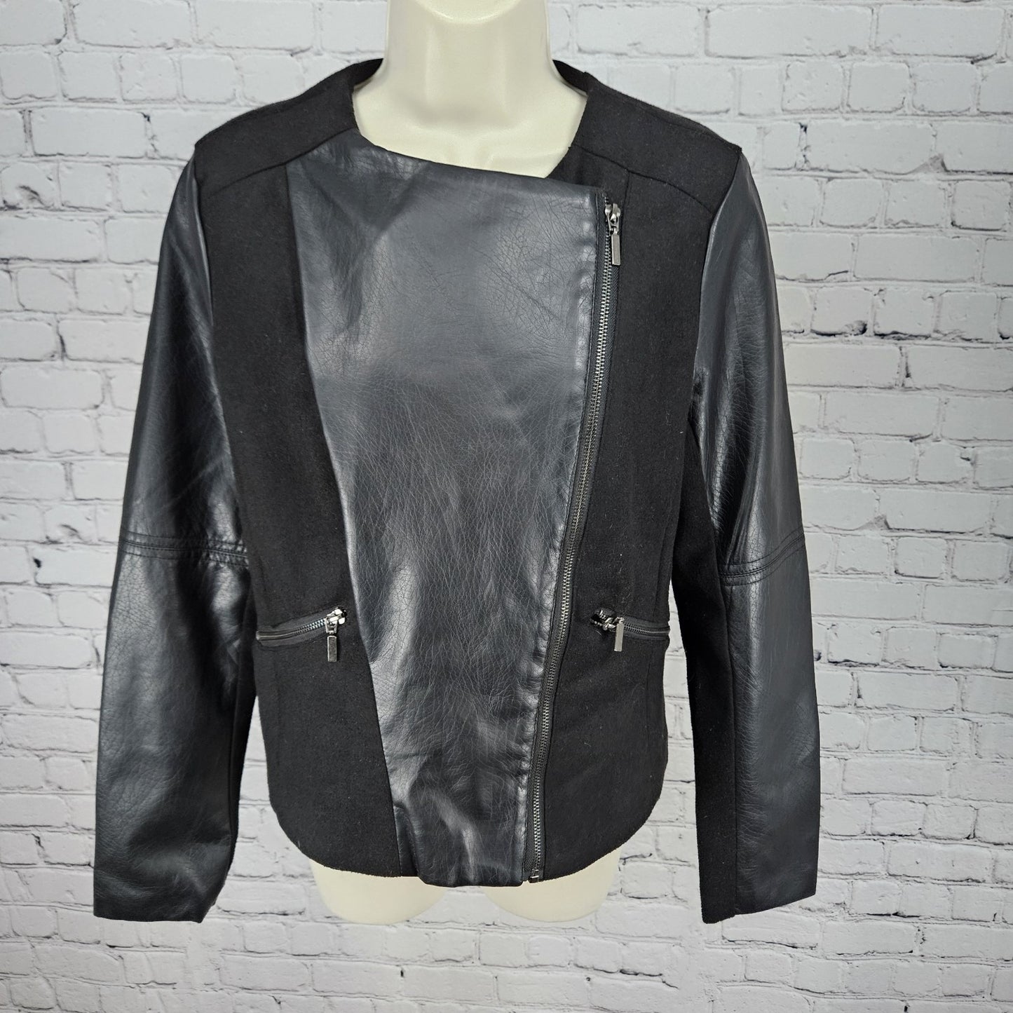 Sh Black Wool Blend Faux Leather Moto Full Zip Lined Zip Pockets Jacket Medium M