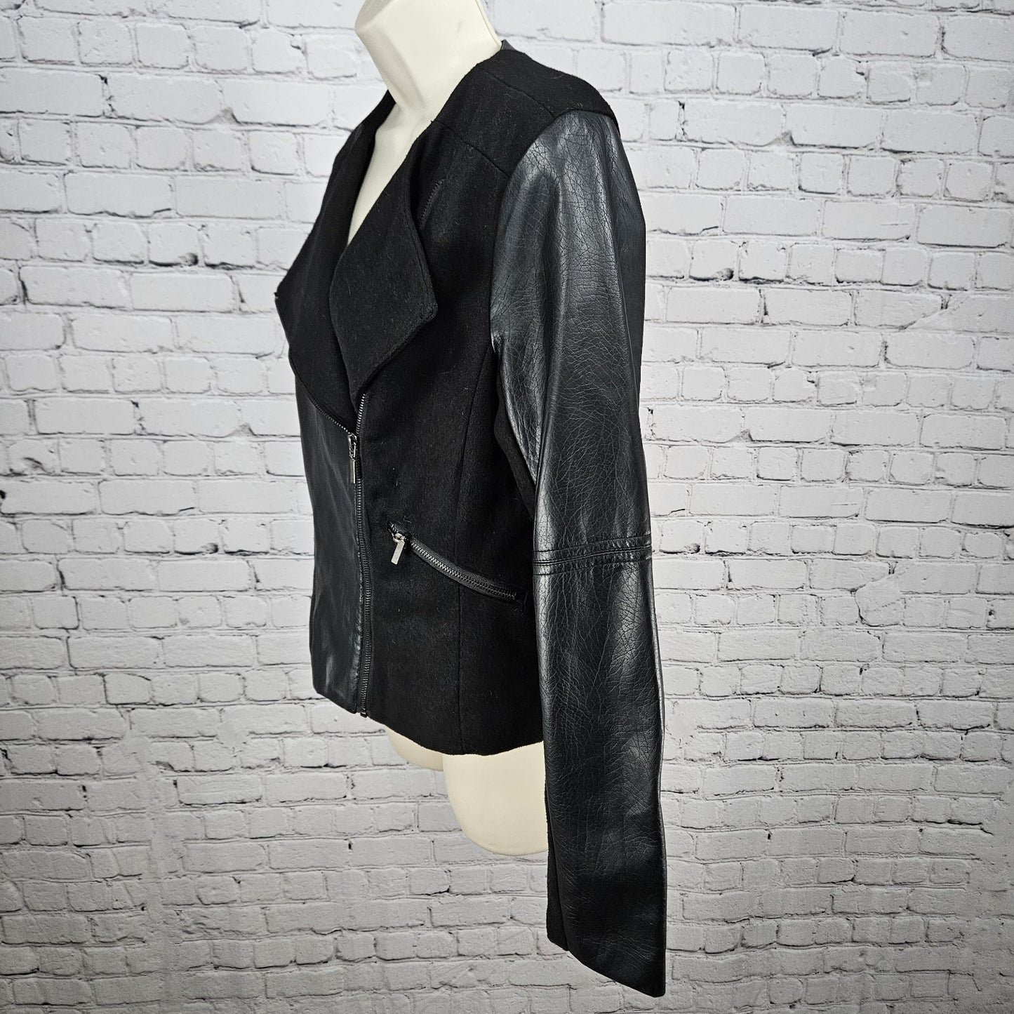 Sh Black Wool Blend Faux Leather Moto Full Zip Lined Zip Pockets Jacket Medium M