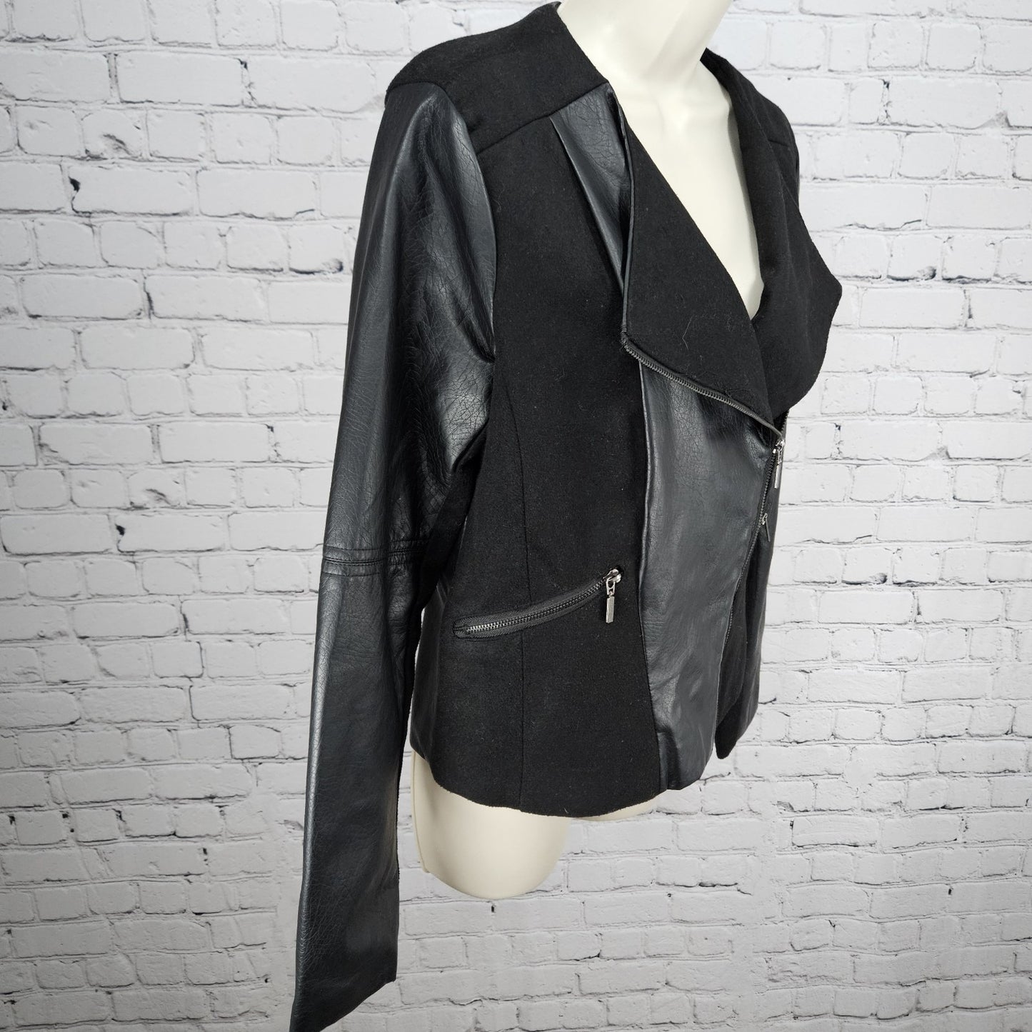 Sh Black Wool Blend Faux Leather Moto Full Zip Lined Zip Pockets Jacket Medium M