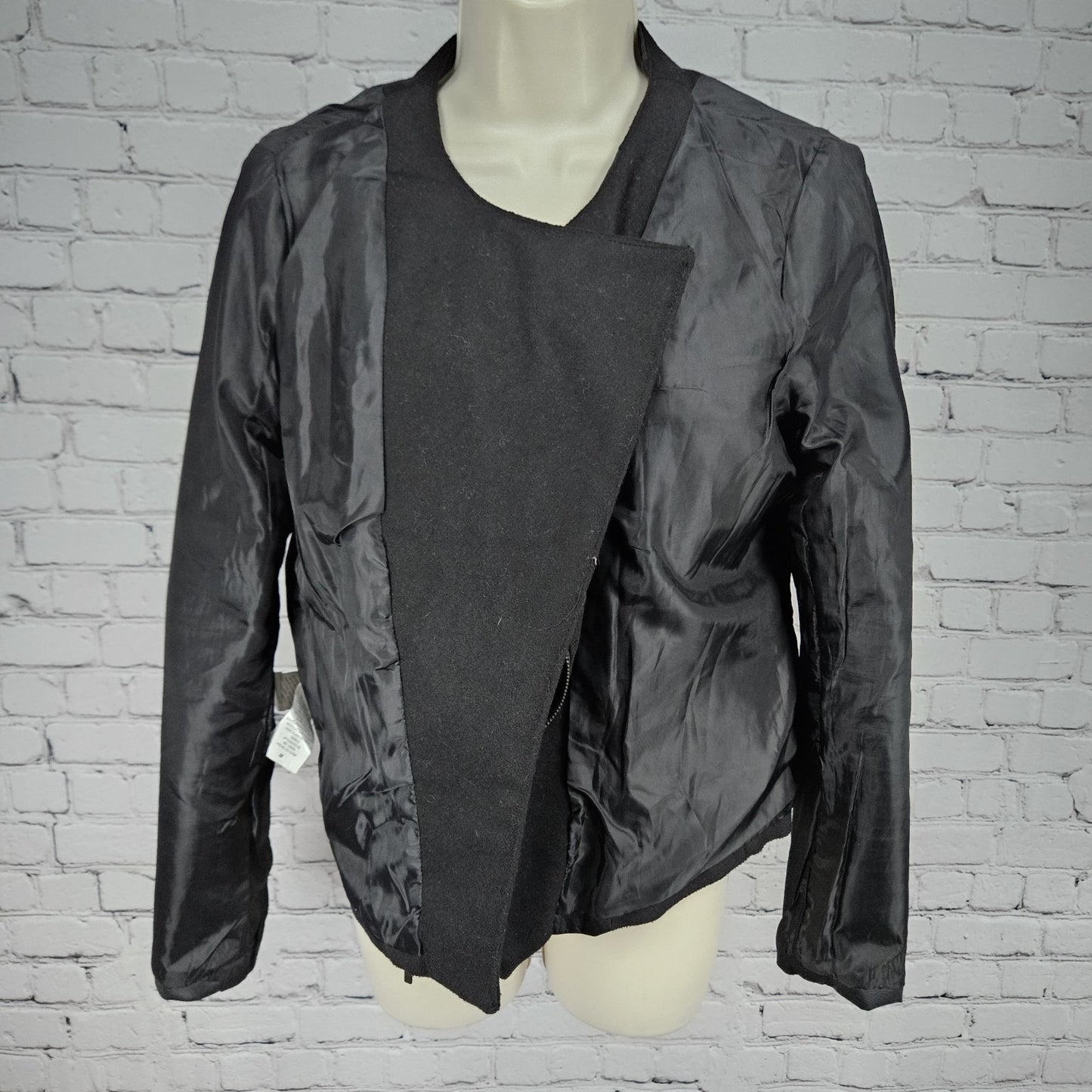 Sh Black Wool Blend Faux Leather Moto Full Zip Lined Zip Pockets Jacket Medium M