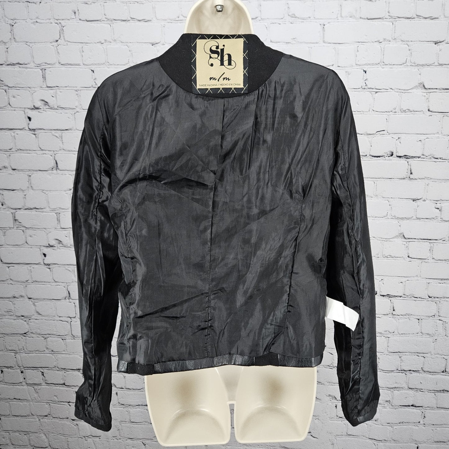 Sh Black Wool Blend Faux Leather Moto Full Zip Lined Zip Pockets Jacket Medium M