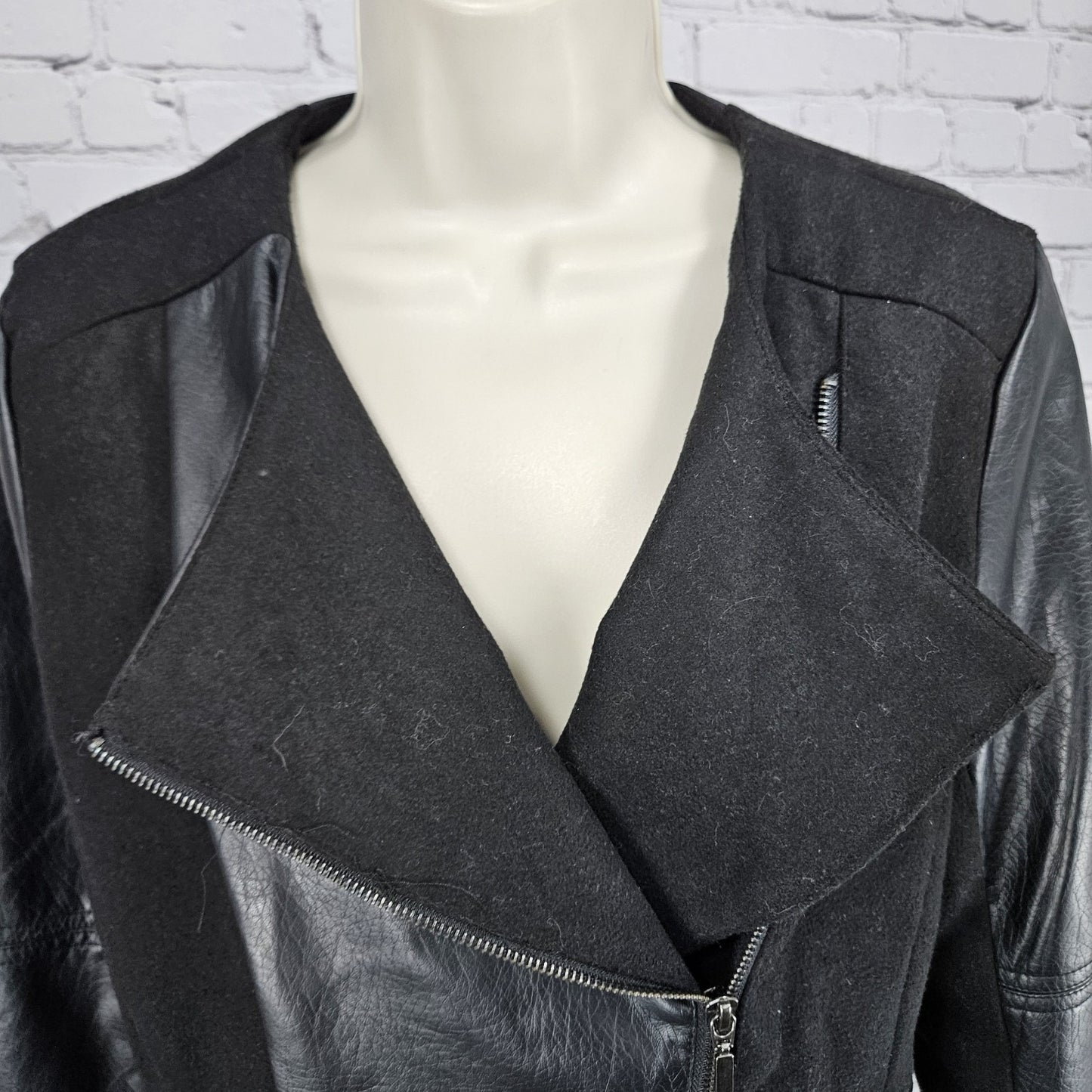 Sh Black Wool Blend Faux Leather Moto Full Zip Lined Zip Pockets Jacket Medium M