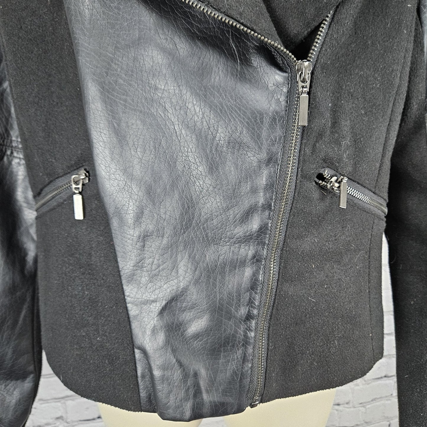 Sh Black Wool Blend Faux Leather Moto Full Zip Lined Zip Pockets Jacket Medium M