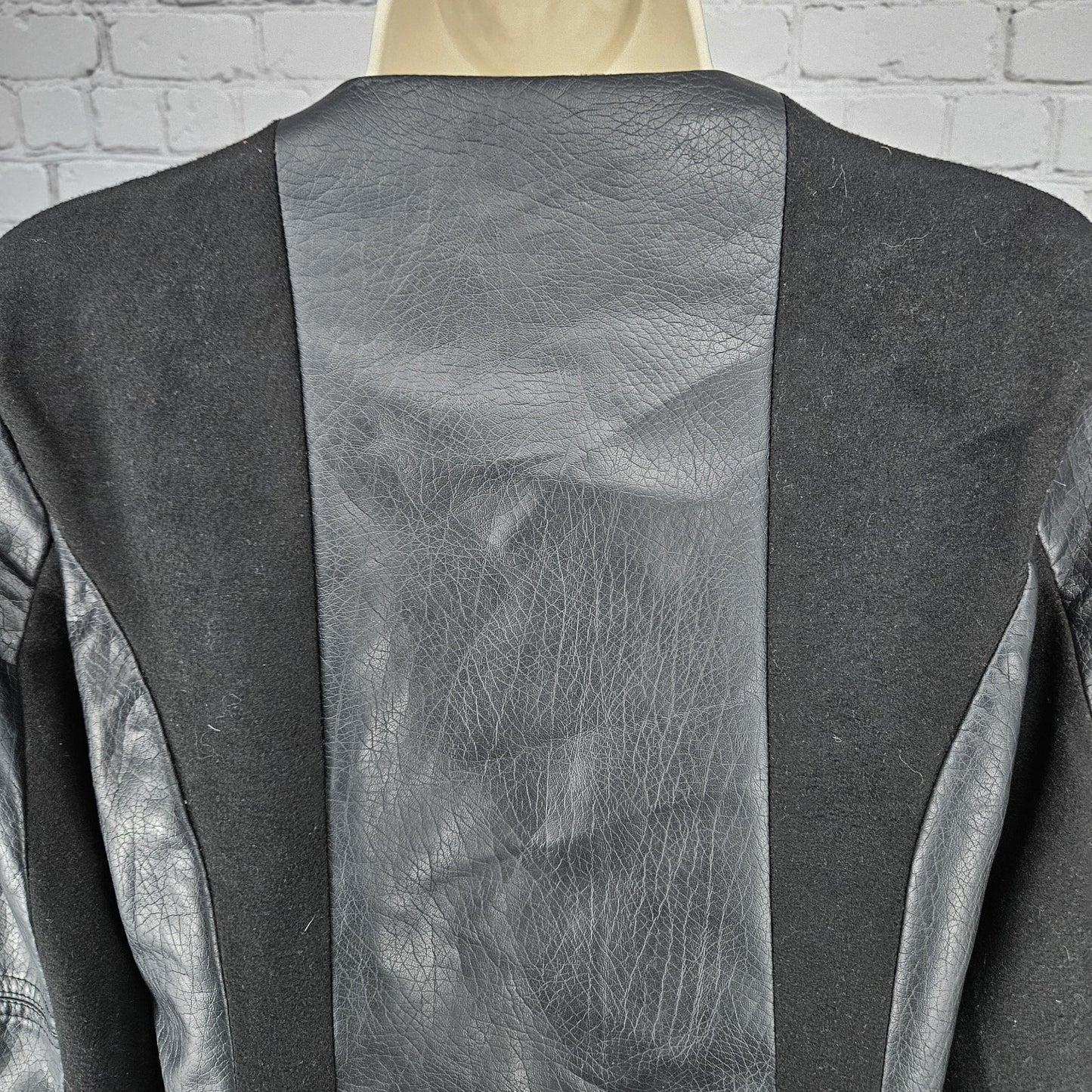 Sh Black Wool Blend Faux Leather Moto Full Zip Lined Zip Pockets Jacket Medium M