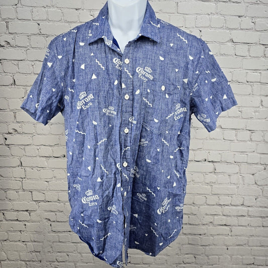 Corona Extra 100% Cotton Button Up Single Pocket Shirt Blue Logo Men’s Size L