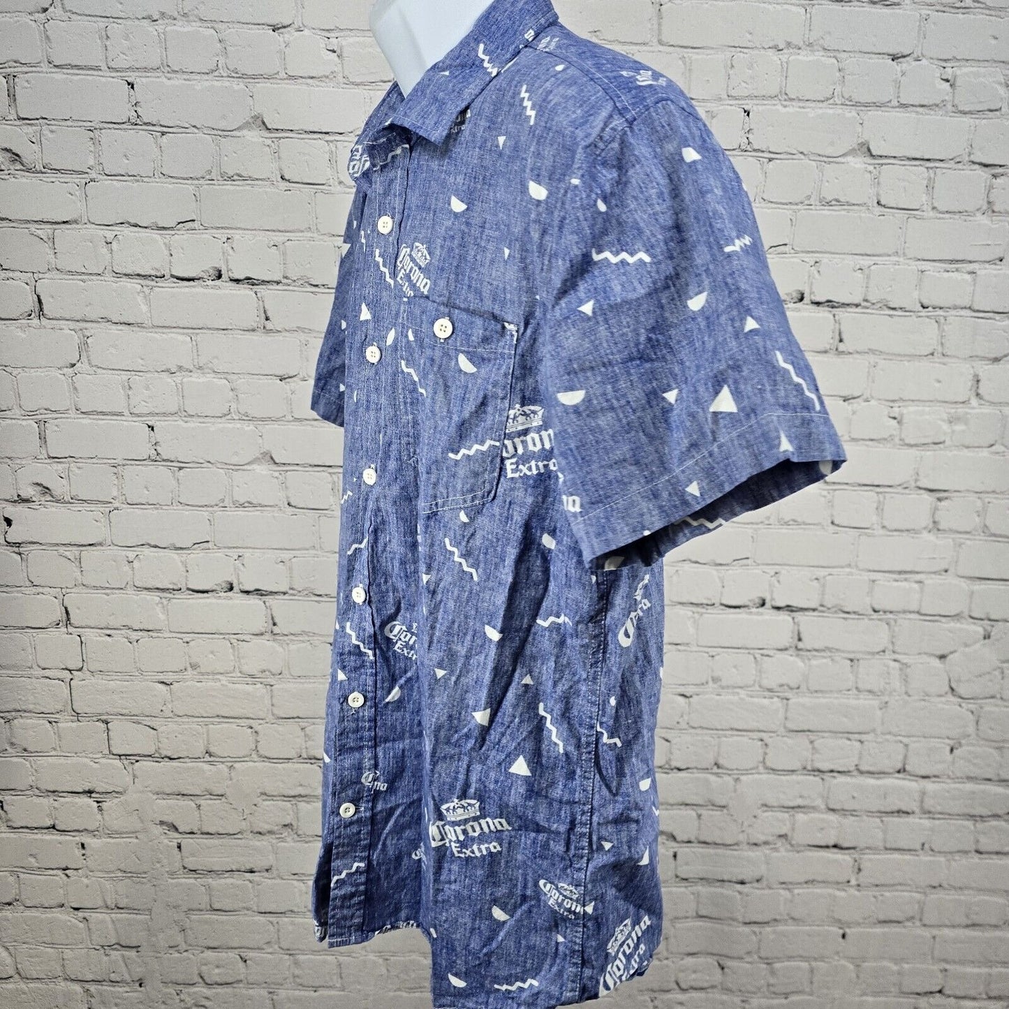Corona Extra 100% Cotton Button Up Single Pocket Shirt Blue Logo Men’s Size L