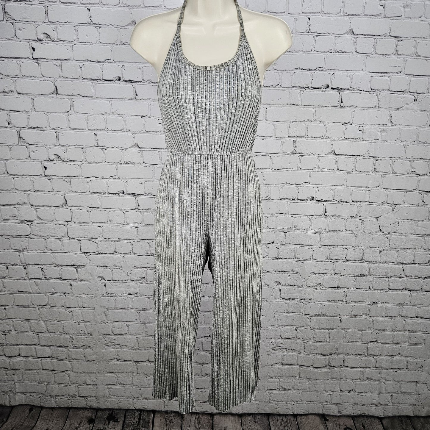 Urban Outfitters Grey Ribbed Halter Tie Stretch Cropped Wide Leg Jumper XS
