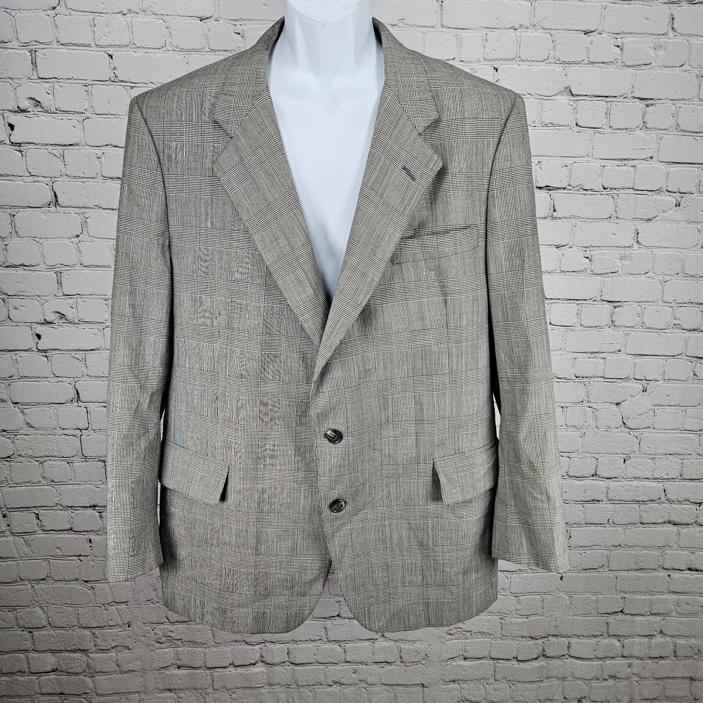 VTG Jos A Bank Black White Wool Check 2 Button Notch Blazer Sport Coat USA 45