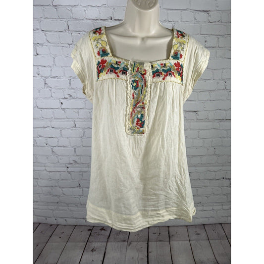 Fossil Light Yellow Cotton Pullover Embroidered Square Neck Short Sleeve Shirt S