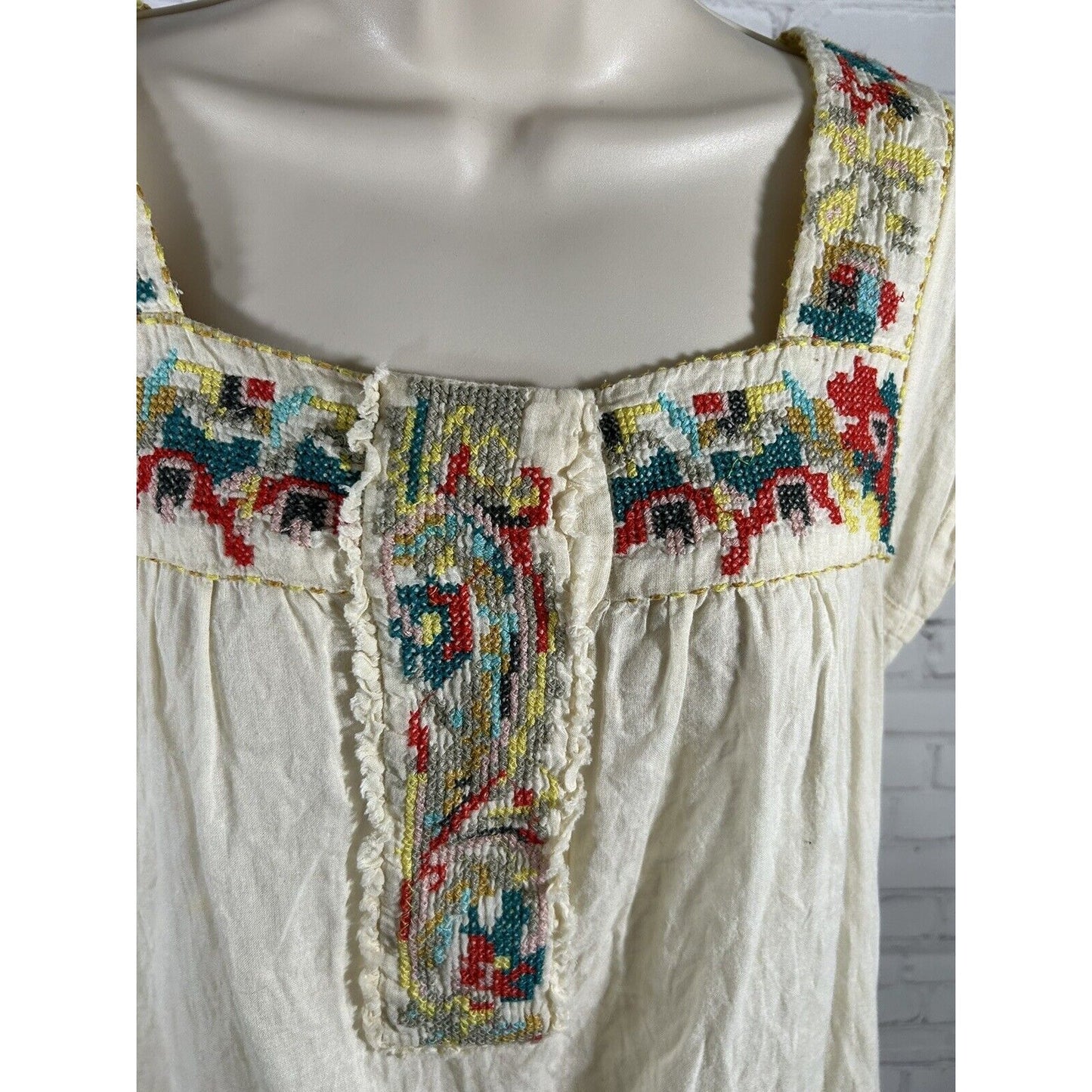 Fossil Light Yellow Cotton Pullover Embroidered Square Neck Short Sleeve Shirt S