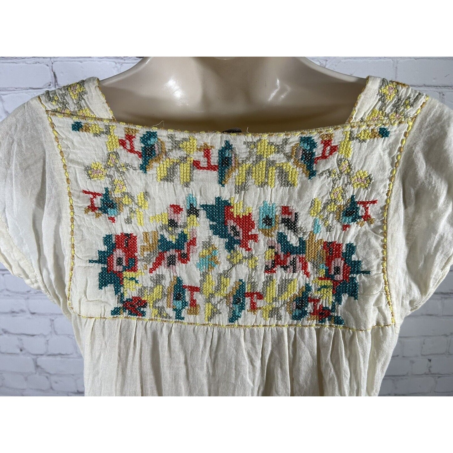 Fossil Light Yellow Cotton Pullover Embroidered Square Neck Short Sleeve Shirt S