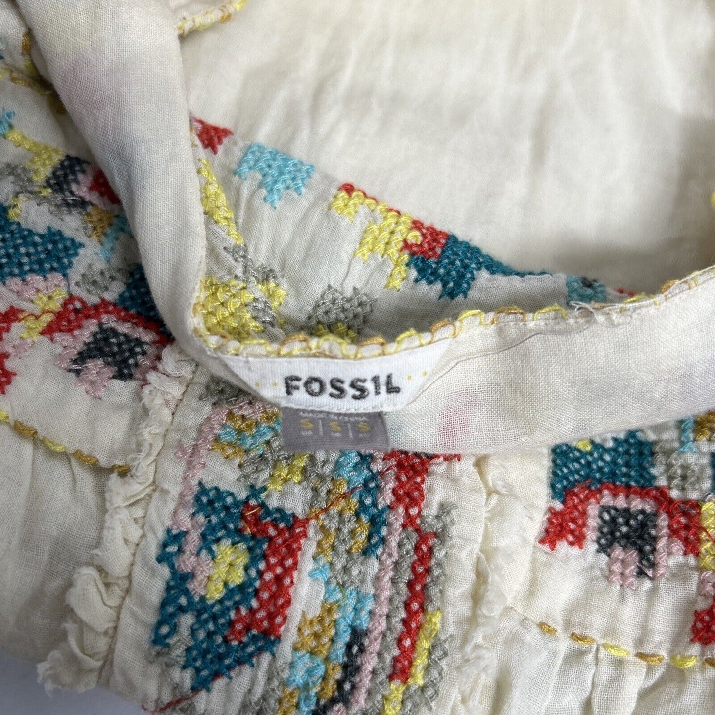 Fossil Light Yellow Cotton Pullover Embroidered Square Neck Short Sleeve Shirt S