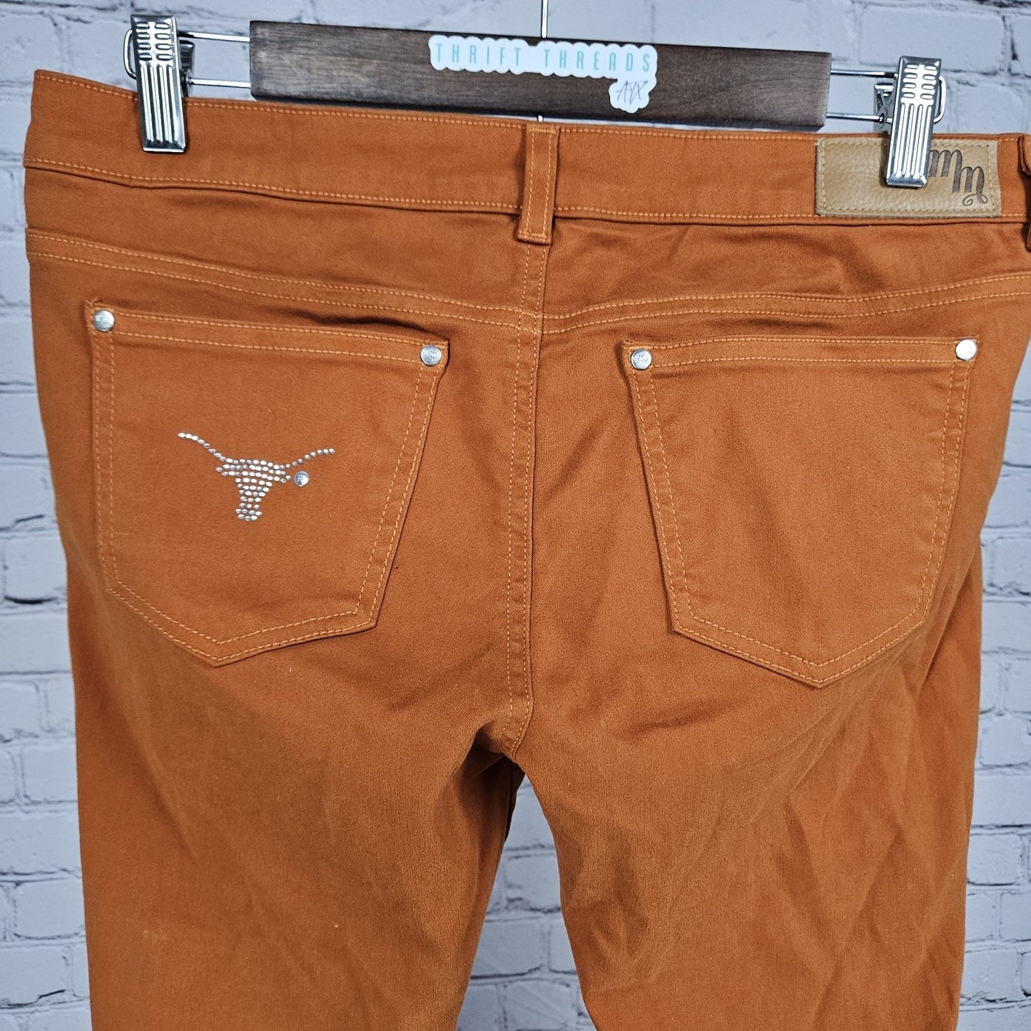Meesh & Mia Orange Longhorn UT Rhinestone Low Rise Skinny Pants USA 8 (31x29)