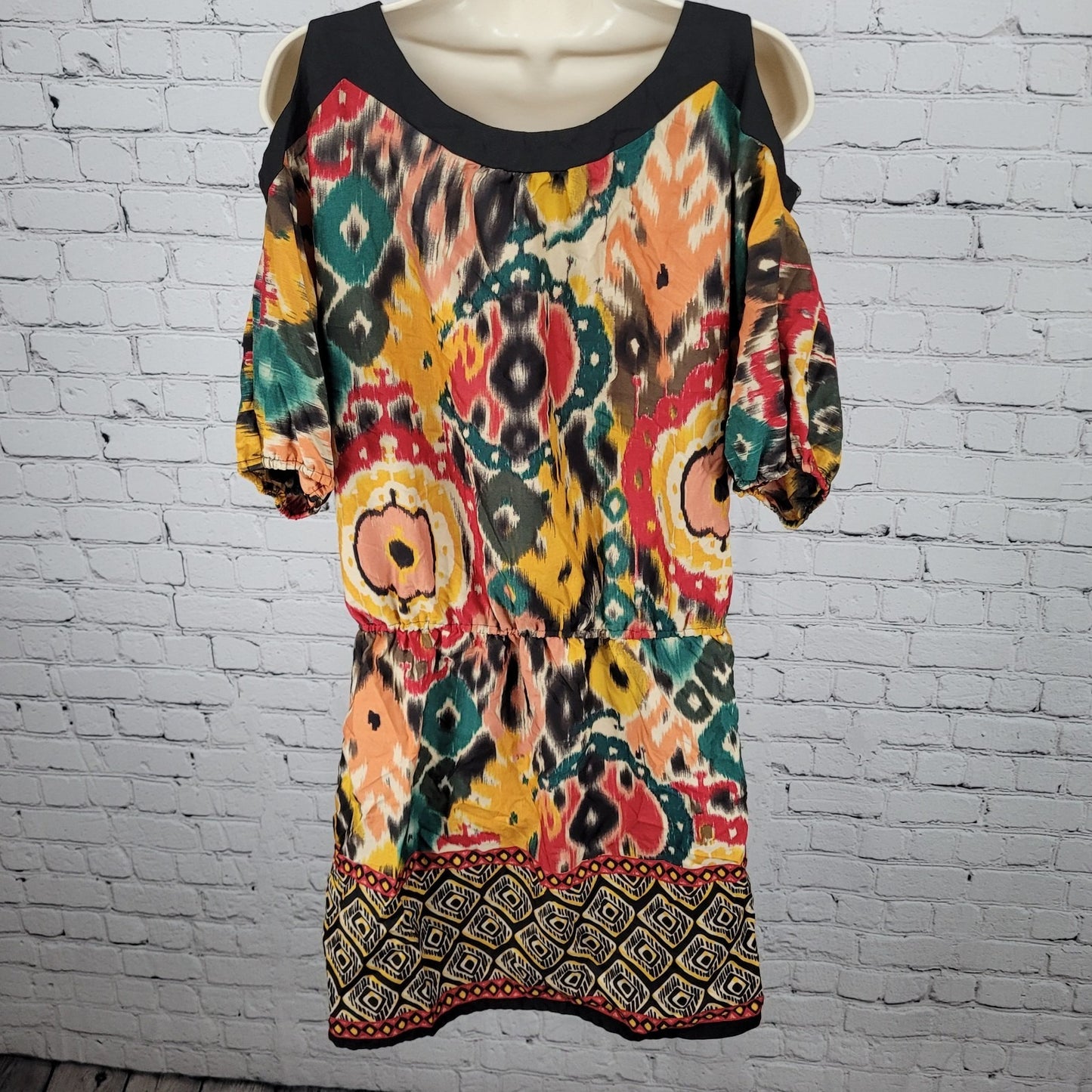 Angie Multicolor Print Embellished Neckline Cold Shoulder Dress Size Medium M